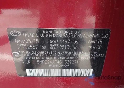 2016 Hyundai Sonata Se from USA, damaged, VIN 5NPE24AF4GH339271